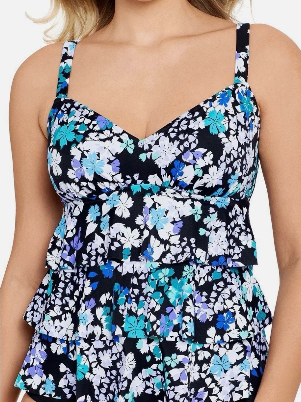 Swim Solutions Black Floral One-Piece with Blue & White Flowers Size 8 NWT